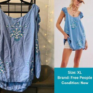 Sz XL Free People Blue Wildflower Embroidered Mini Dress - Excellent Condition!
